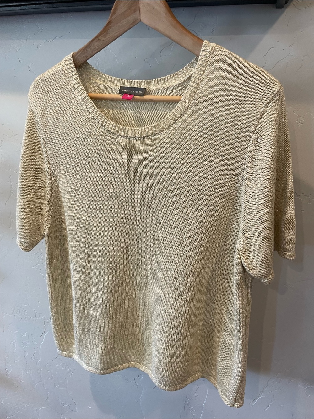 New Vince Camuto cropped Metallic open Knit Short Sleeve Top - Champagne Gold L